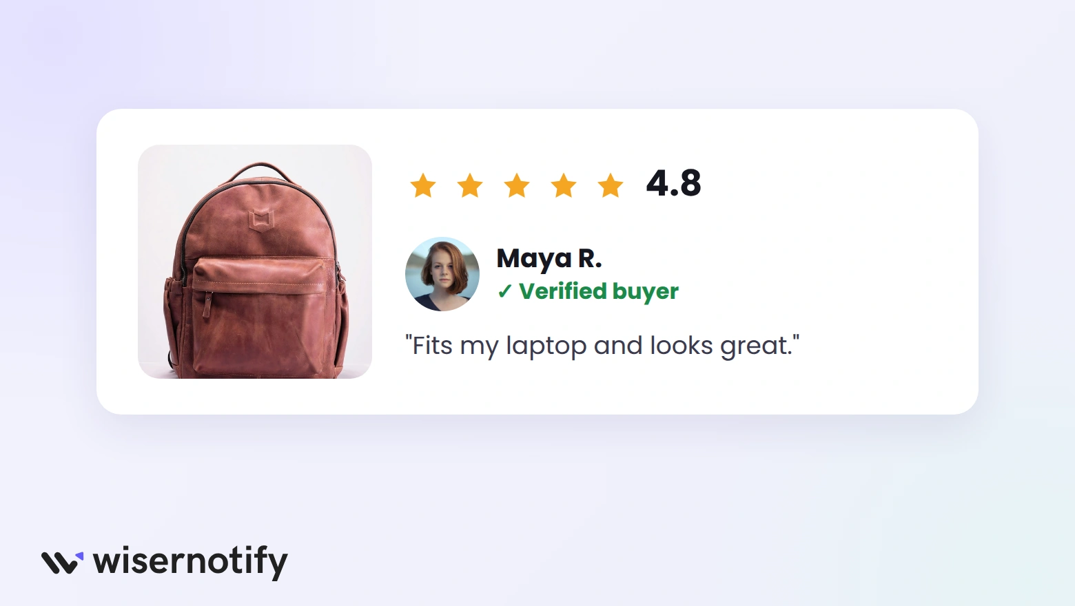 Product review card with a 4.8 star rating and a verified buyer review