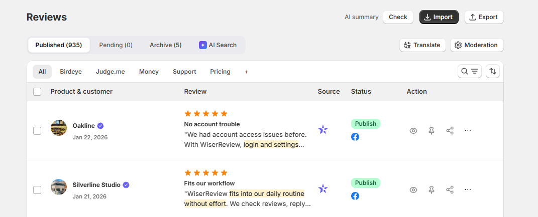 WiserReview reviews dashboard where AI reply drafts are reviewed and posted