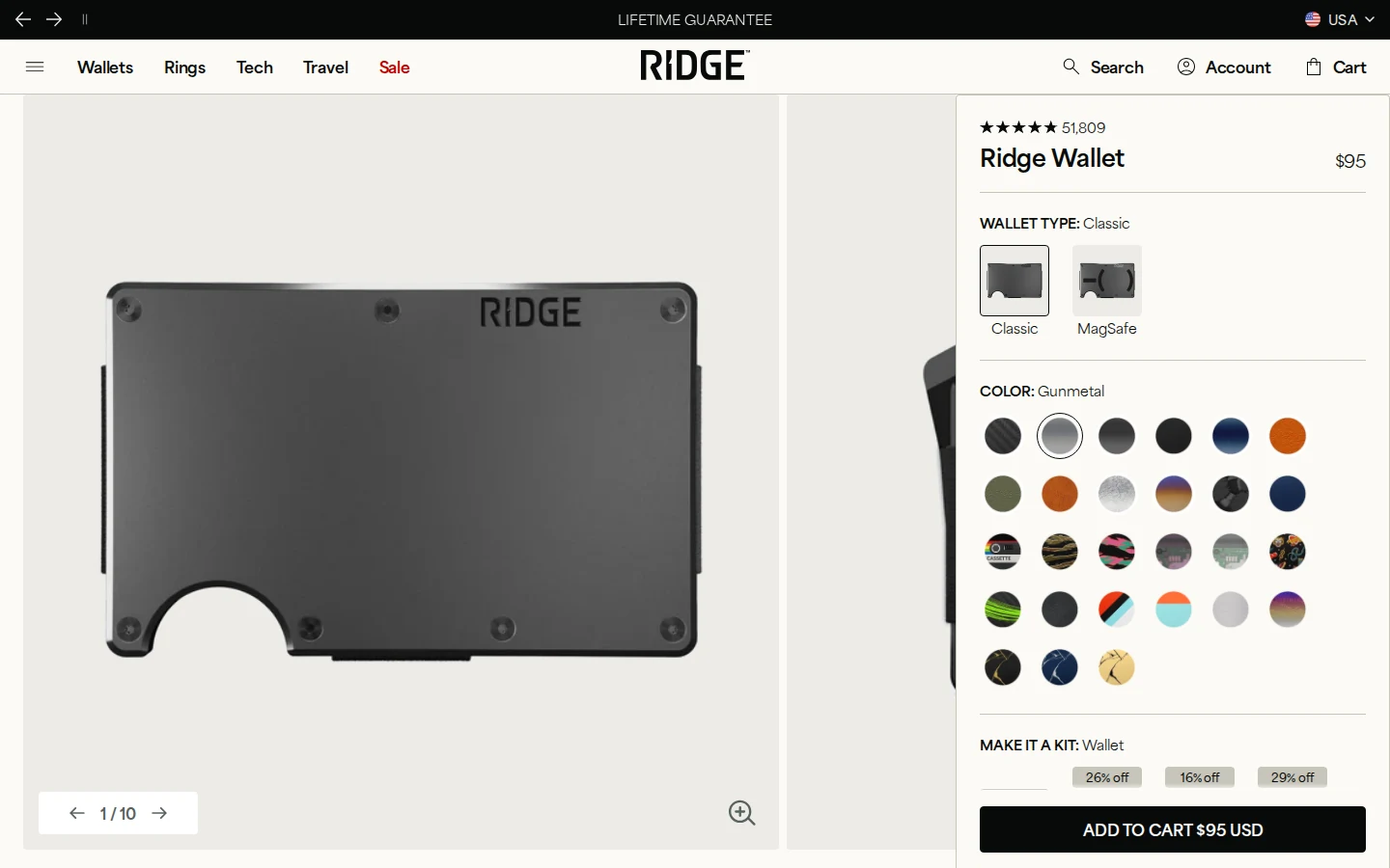 Ridge Wallet product landing page with star rating, color options, and add to cart button