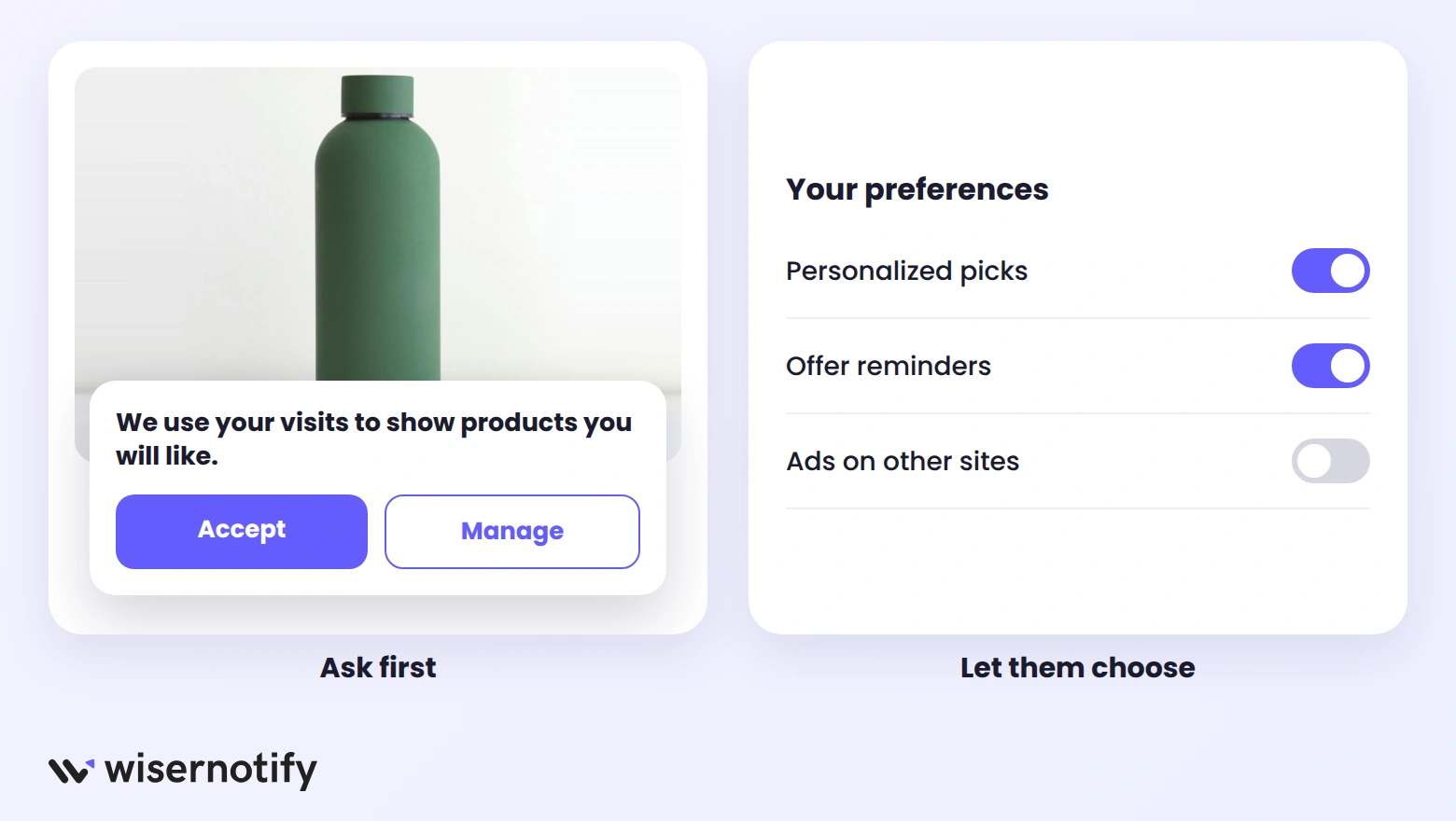 Consent banner asking shoppers first and a preferences panel with personalization toggles