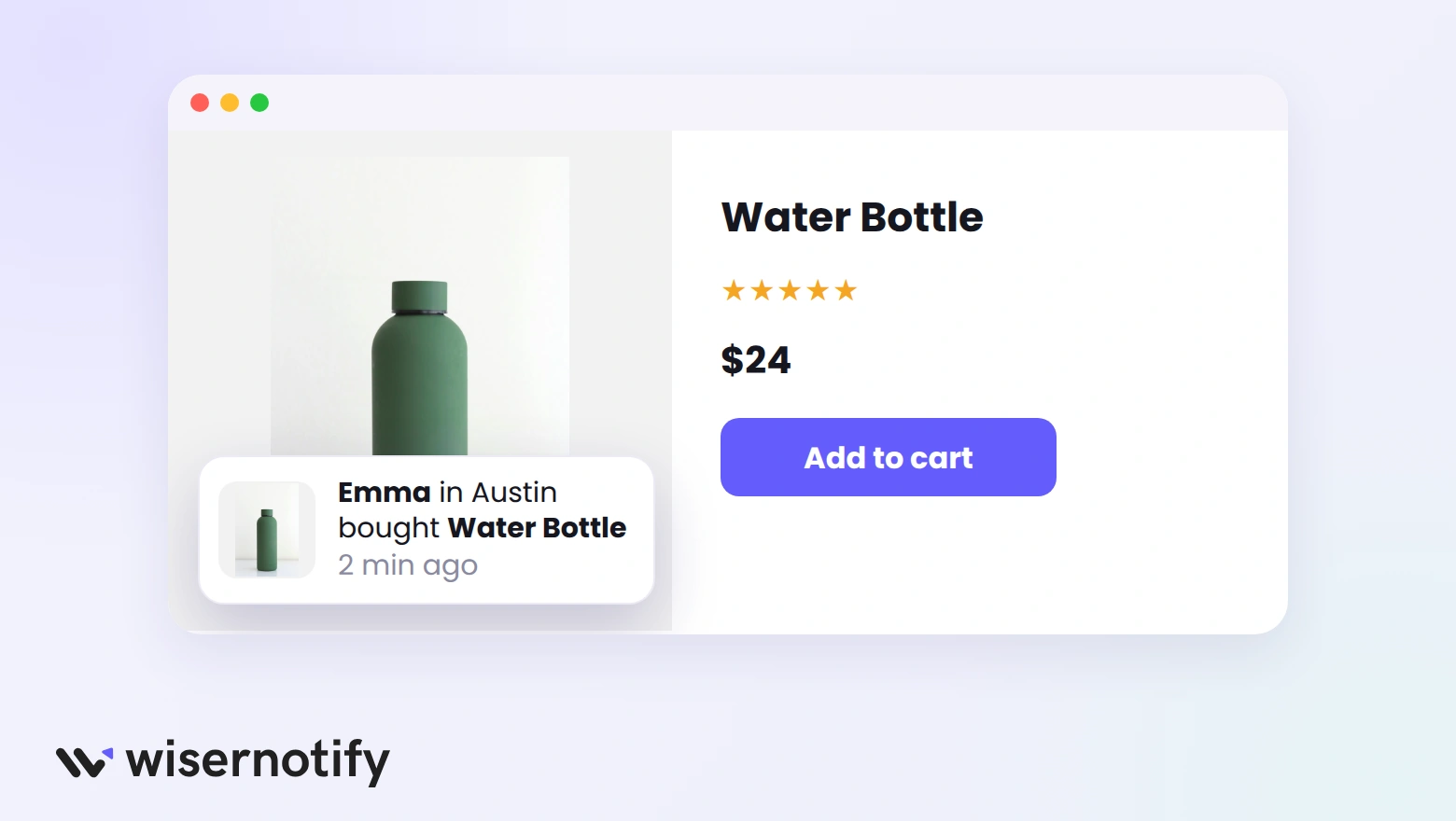 A product page with a recent sales notification showing Emma in Austin bought a water bottle 2 minutes ago