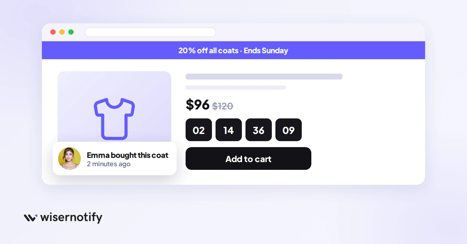 Product page prepared for a seasonal sale with an announcement bar, countdown timer, and a recent purchase notification