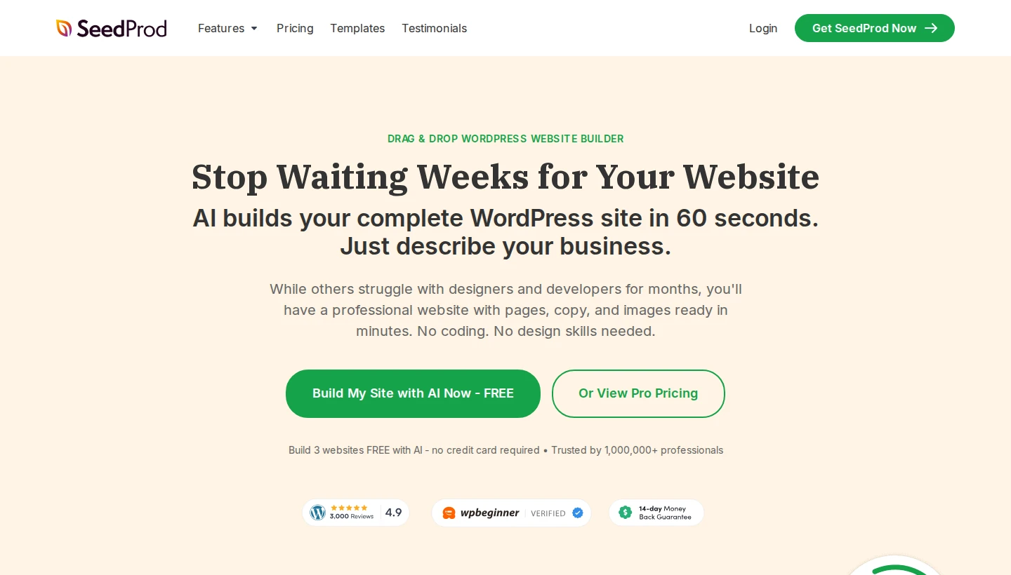 SeedProd homepage, a drag and drop WordPress page builder