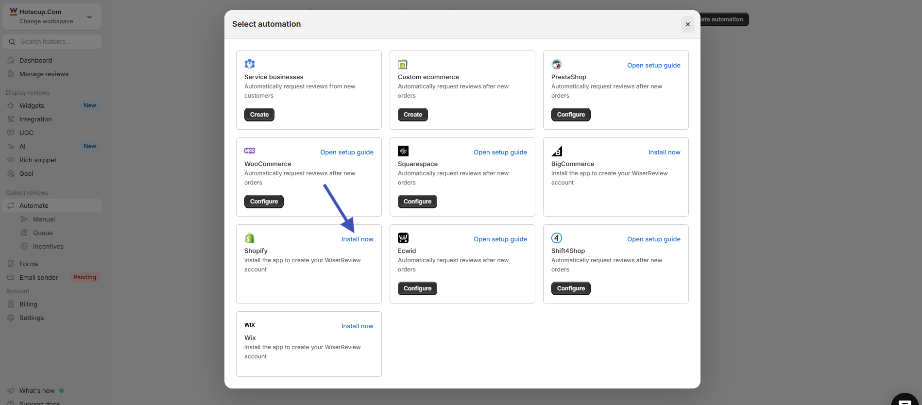 WiserReview Select automation pop-up with the Shopify Install now link