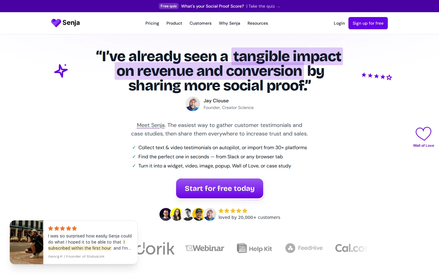 Senja homepage for collecting, managing and sharing testimonials
