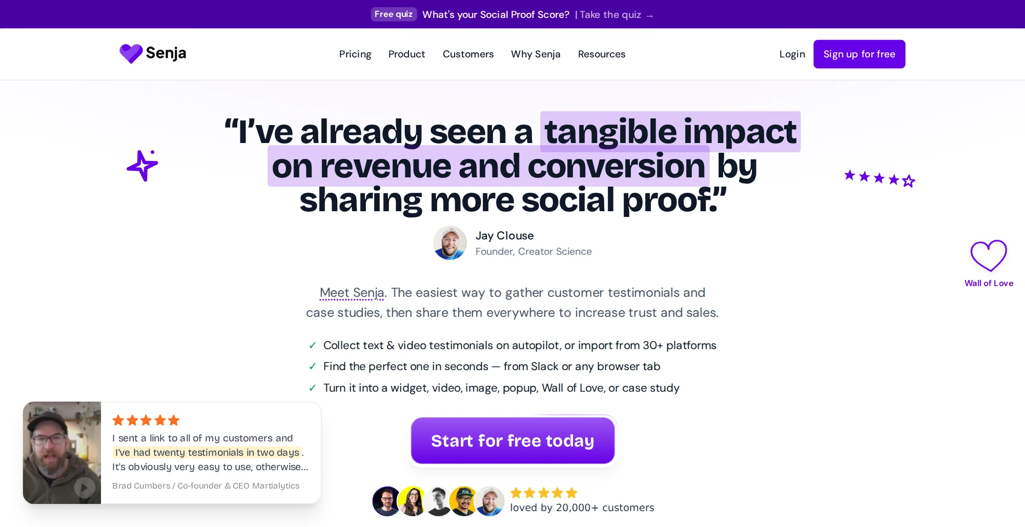 Senja homepage with a customer quote about tangible impact on revenue and conversion and a Start for free today button