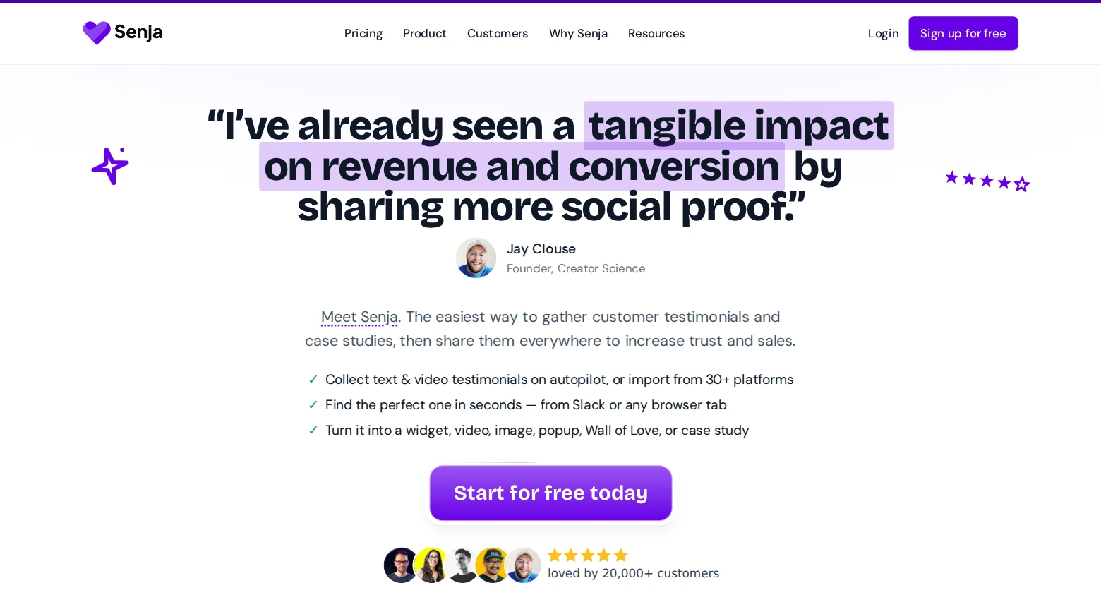 Senja homepage with a founder testimonial headline and a Start for free today button