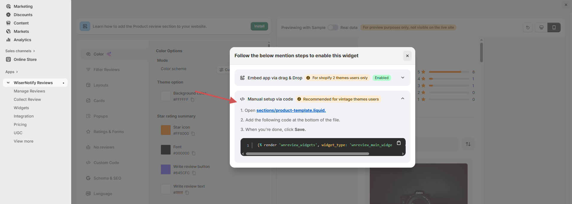 WiserReview Manual setup via code option with the widget code line