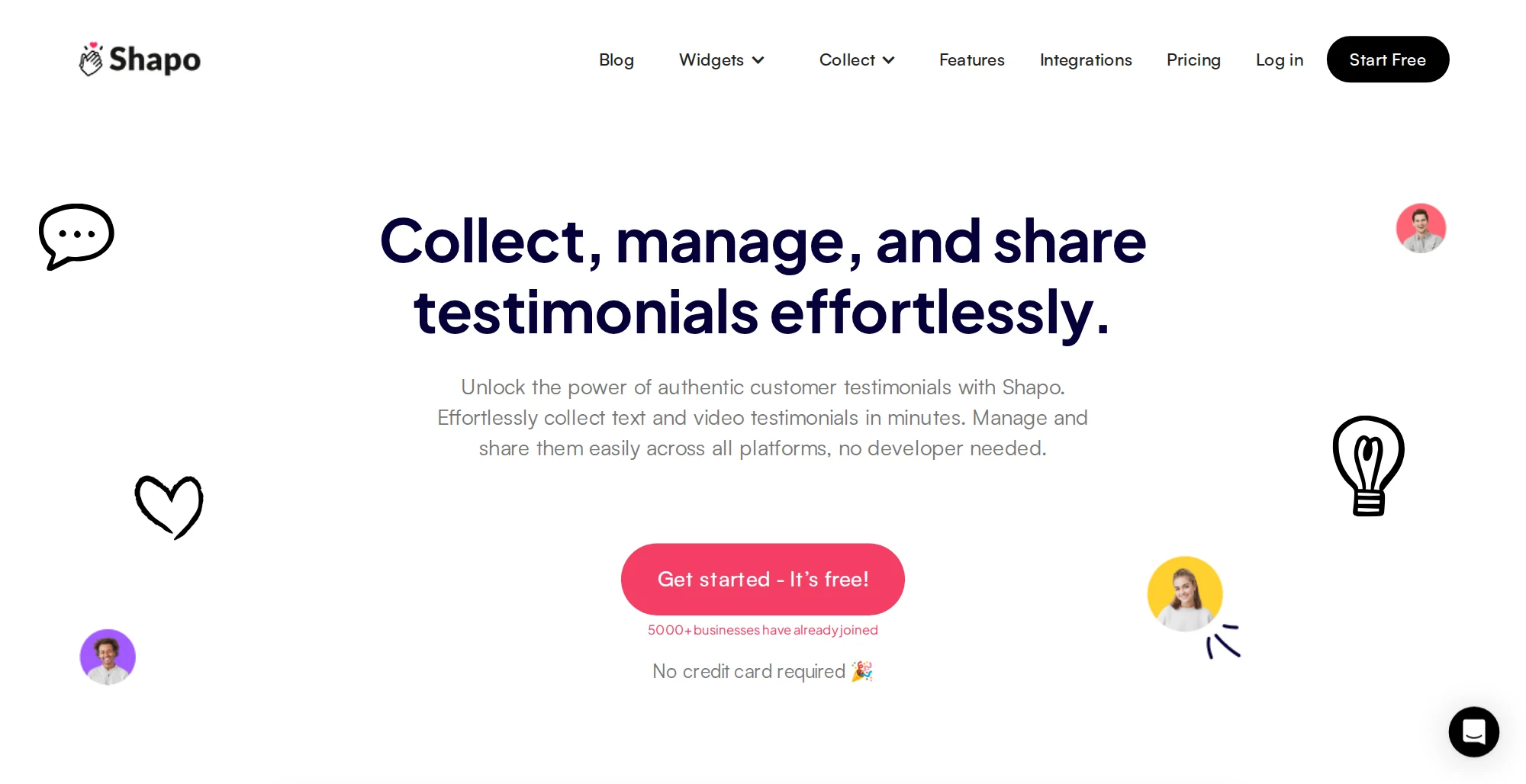 Shapo homepage with the headline Collect, manage, and share testimonials effortlessly and a Get started it's free button