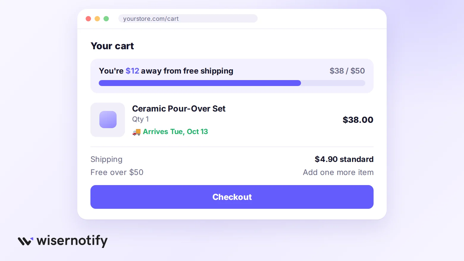 Cart mockup with a free shipping progress bar, delivery date, and shipping cost shown before checkout