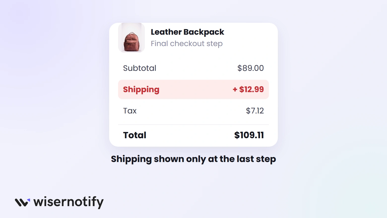 Checkout summary where a $12.99 shipping charge appears only at the last step