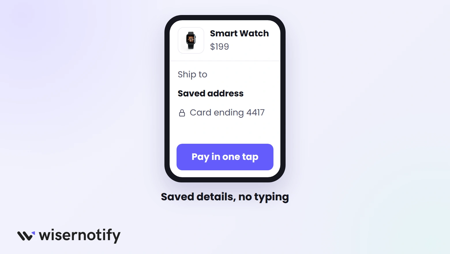 Mobile checkout with a saved address and card and a one-tap pay button