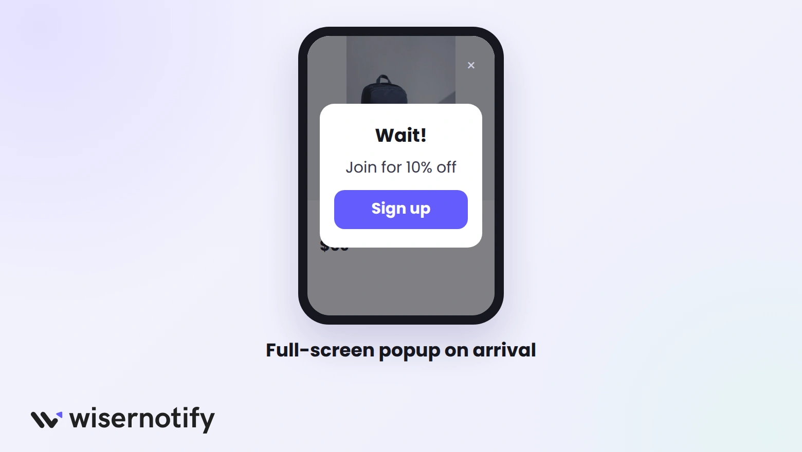 Mobile store where a full-screen popup with a tiny close button covers the product page
