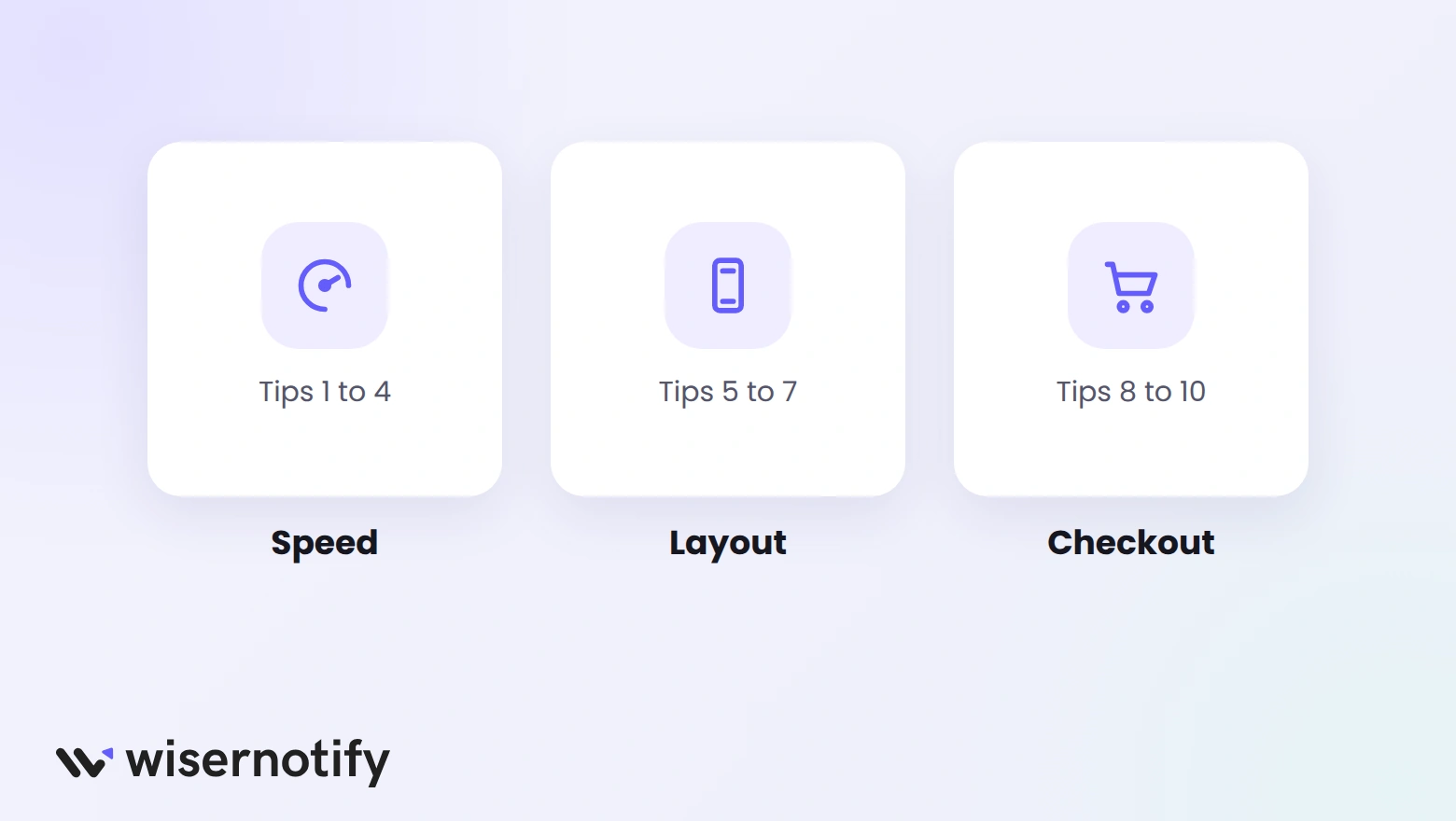 Shopify mobile optimization tips grouped into speed, layout, and checkout