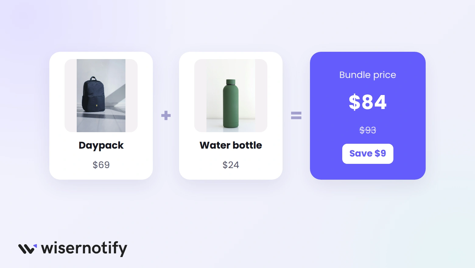 Product bundle: a daypack and a water bottle sold together for $84, saving $9