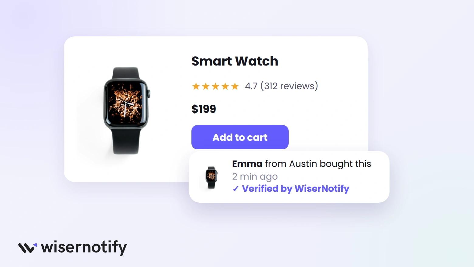 Shopify product page with a star rating and a WiserNotify recent purchase notification