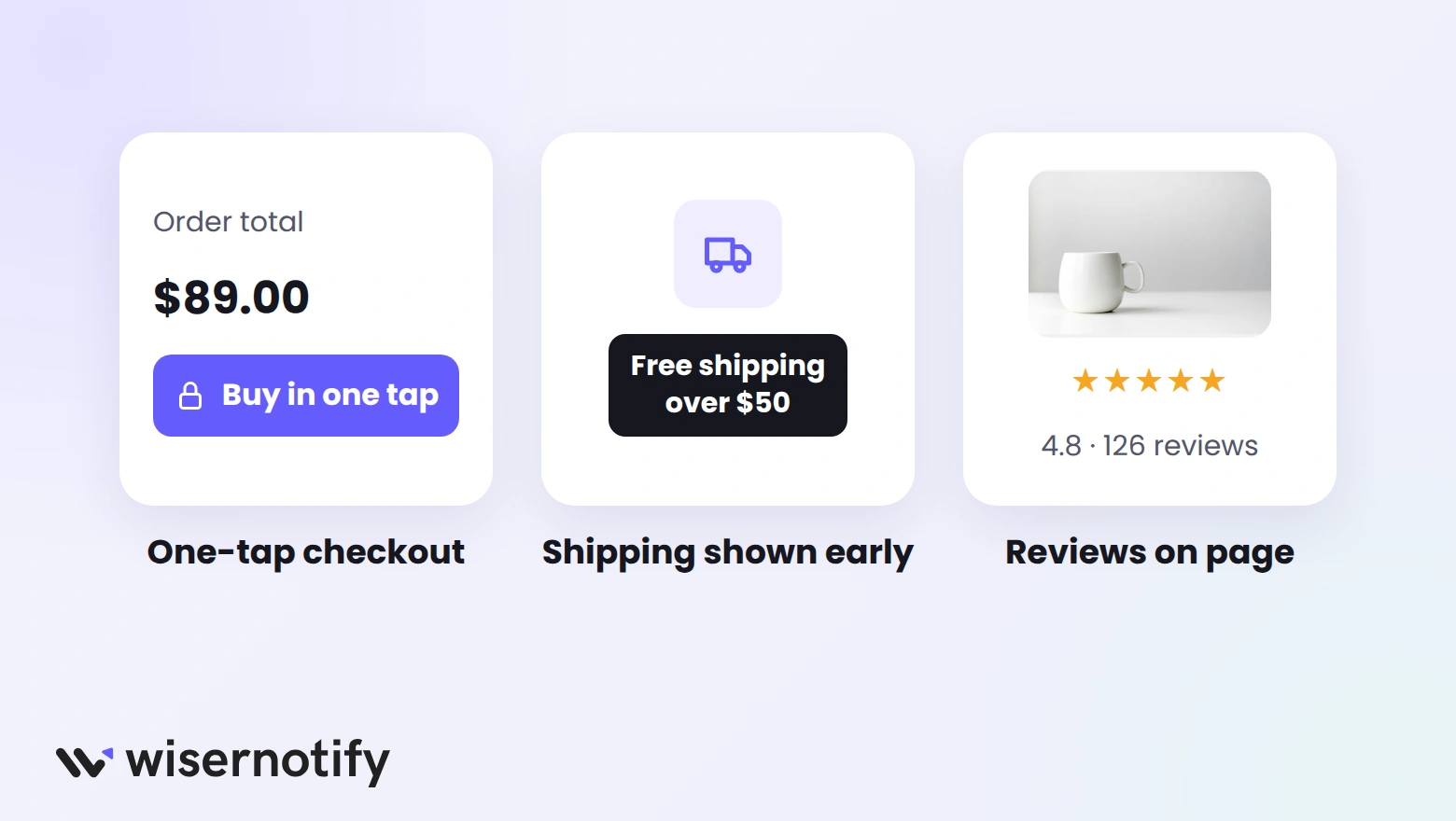 Three quick wins for Shopify sales: one-tap checkout, shipping shown early, and reviews on the product page