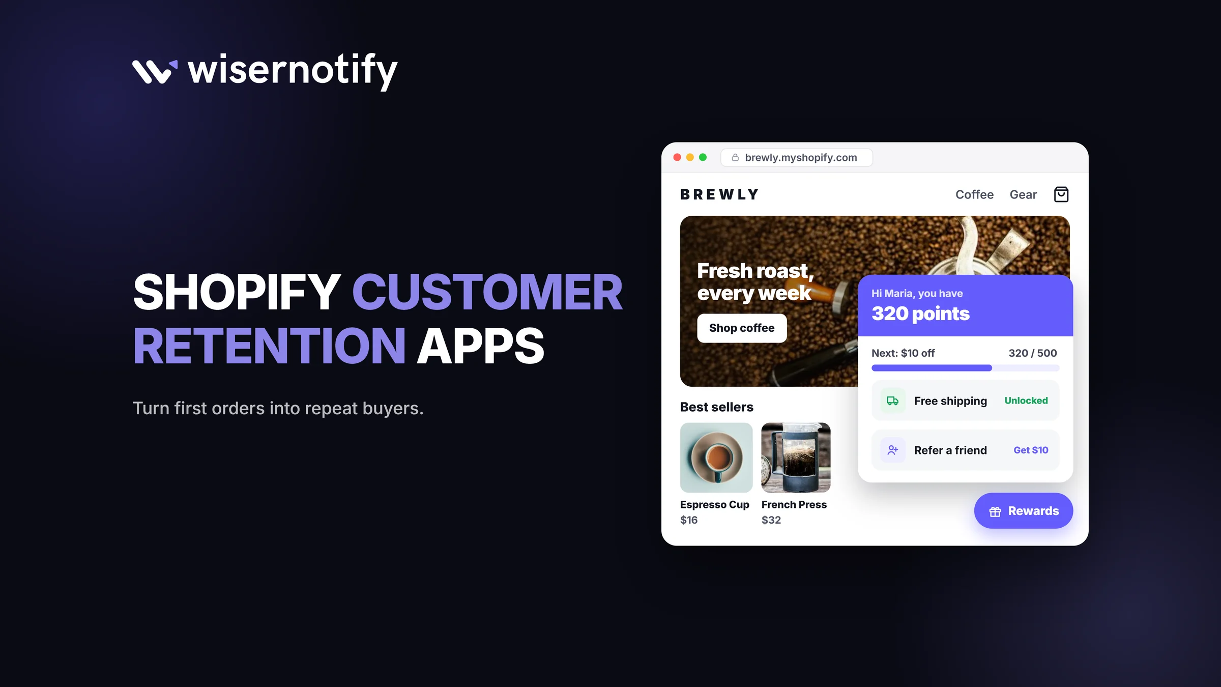 Shopify customer retention apps: a store showing a loyalty points panel with rewards and referrals