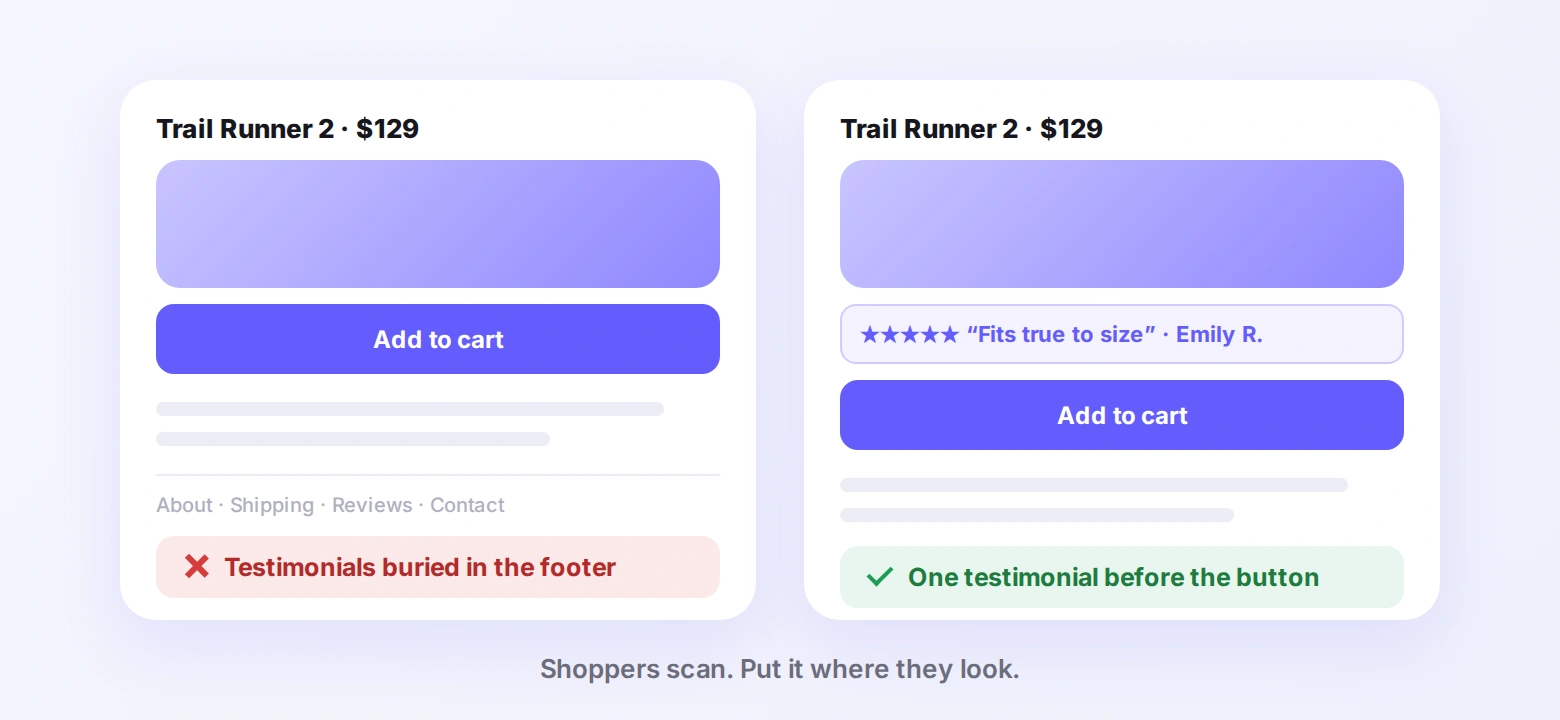 The same Shopify product page with testimonials buried in the footer versus one testimonial placed before the Add to cart button
