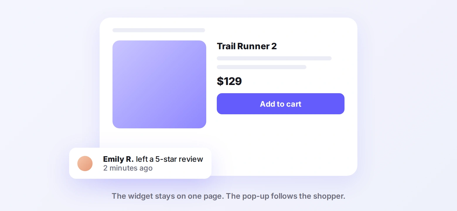 Shopify product page with a WiserNotify pop-up showing a customer left a 5-star review two minutes ago