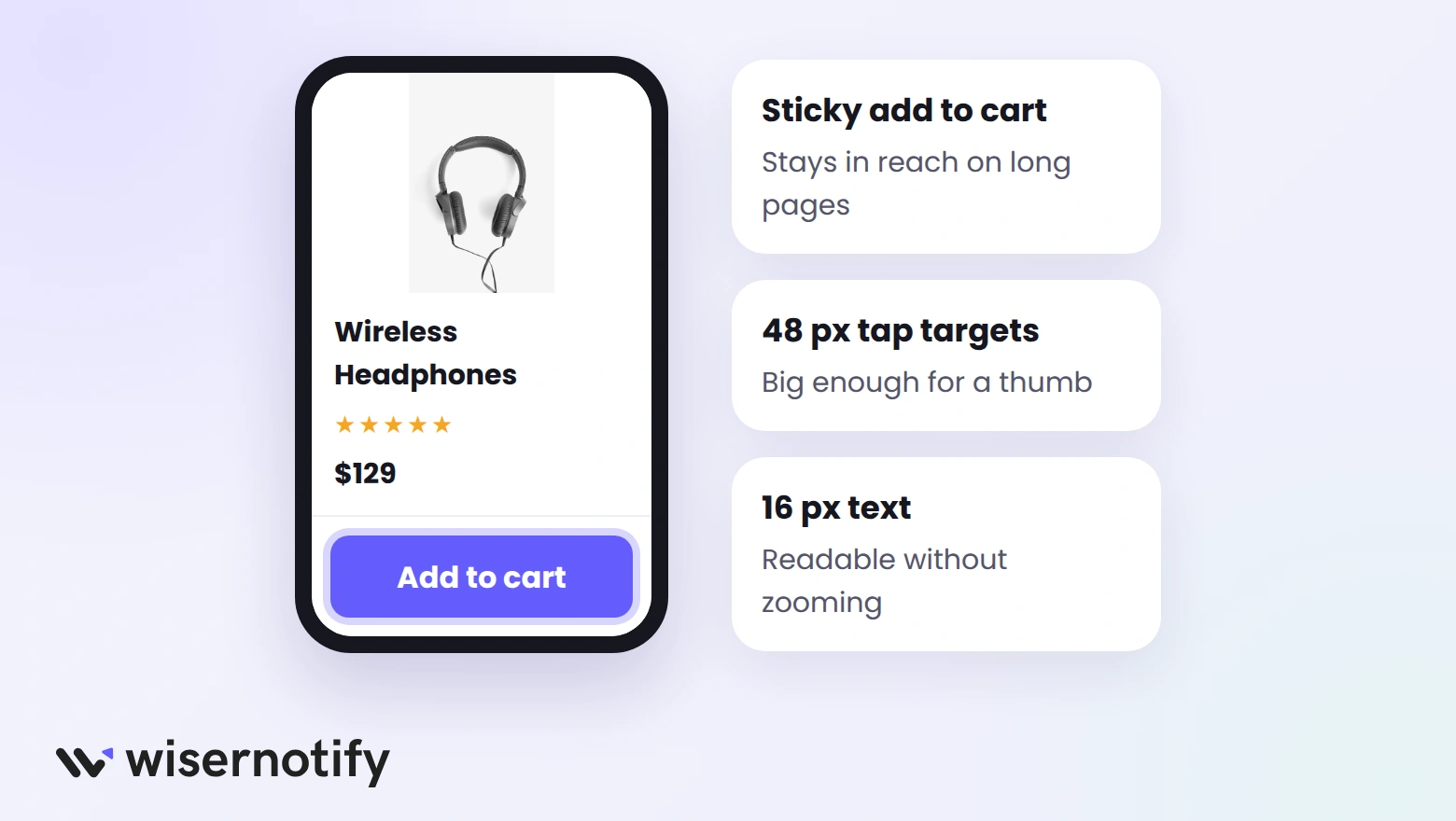 Thumb-friendly Shopify mobile product page with a sticky add to cart button, large tap targets, and readable text
