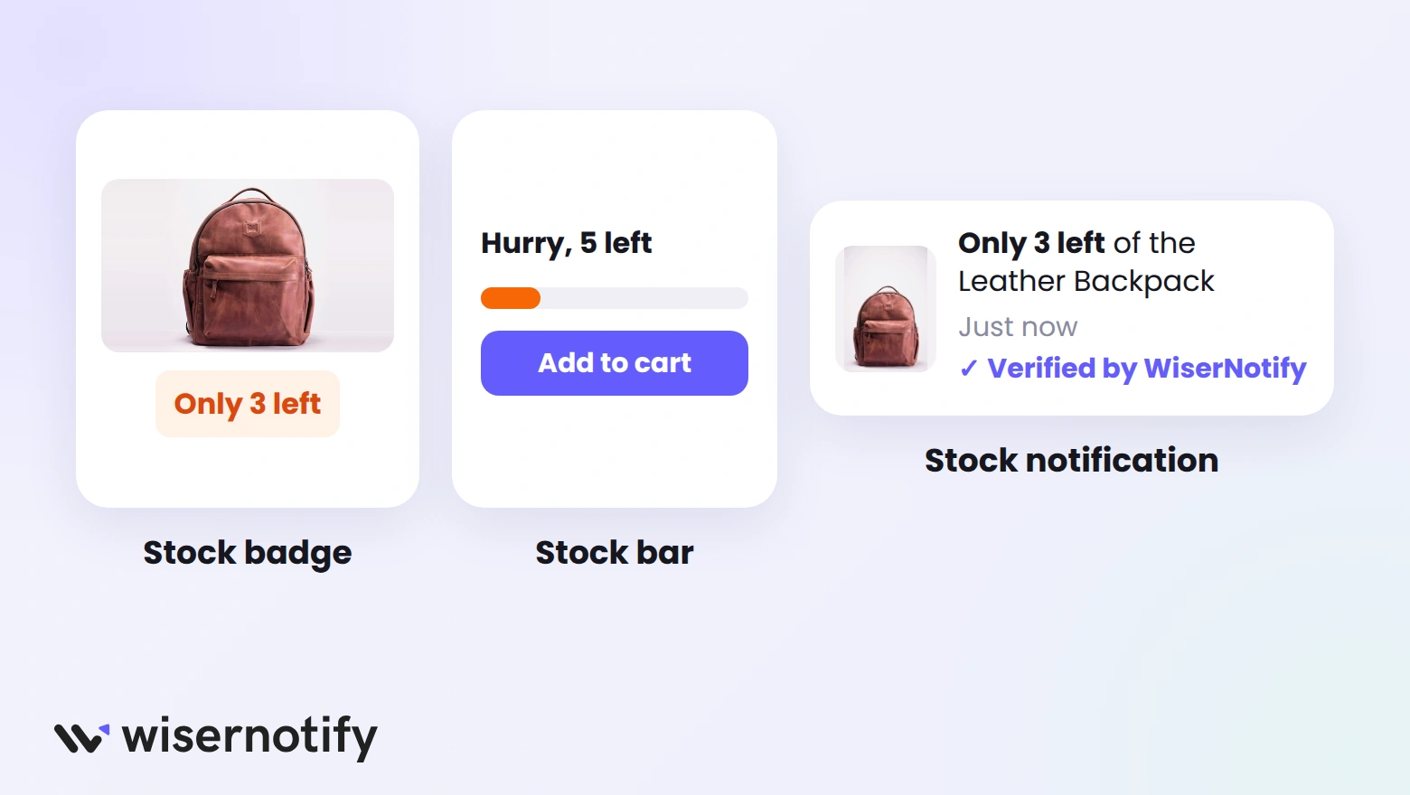 Three ways to show low stock to shoppers: a stock badge, a stock bar, and a stock notification