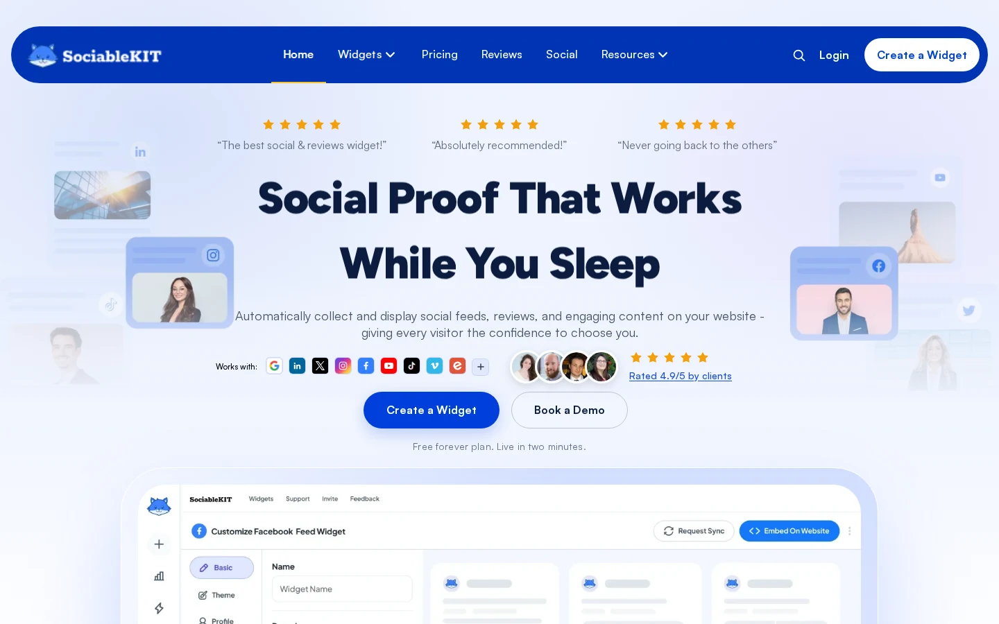 SociableKIT homepage for social feeds and review widgets in 2026