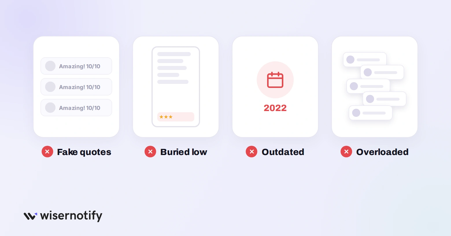 Social proof mistakes: fake-looking quotes, proof buried low on the page, outdated proof and too many popups at once