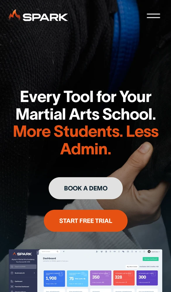 Spark Membership mobile landing page with Book a demo and Start free trial buttons
