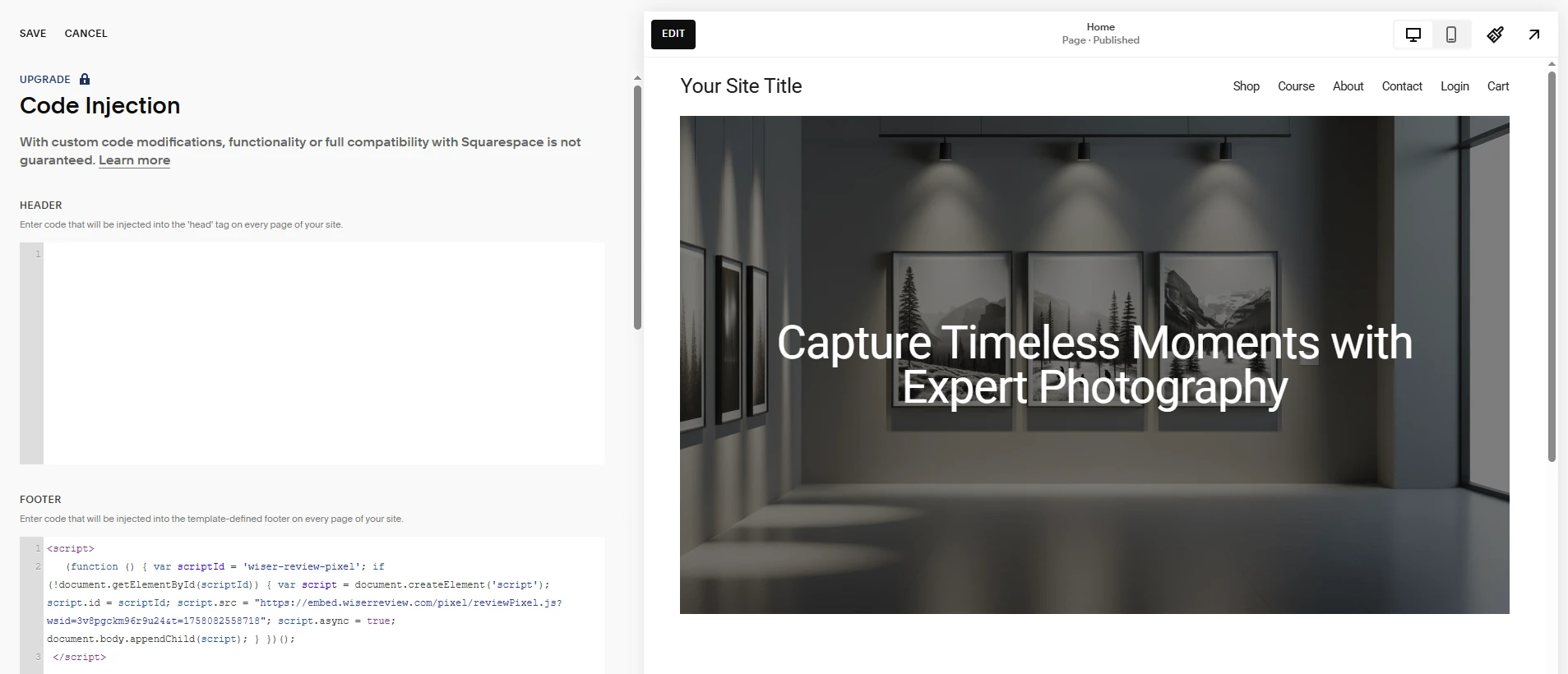 Squarespace Code Injection with WiserReview widget and pixel code pasted in the Footer box