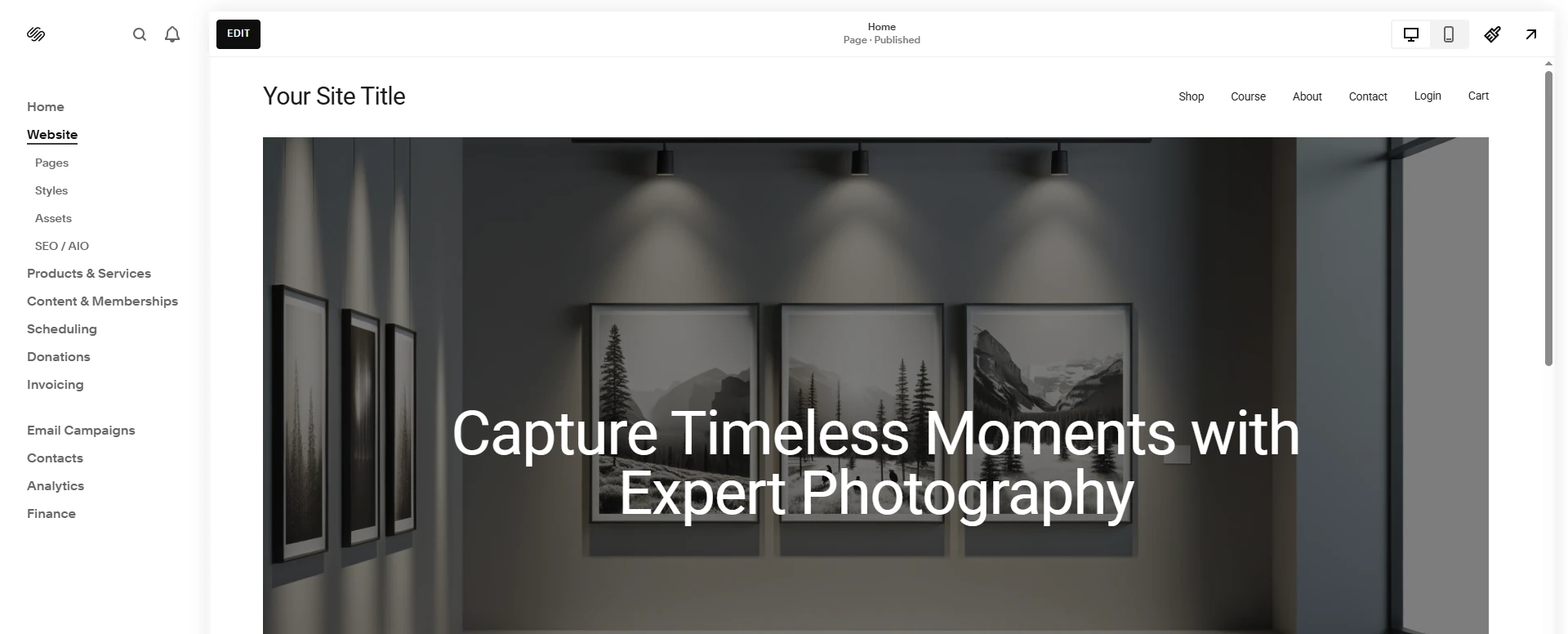 Squarespace editor Website menu with Pages and the Custom Code option