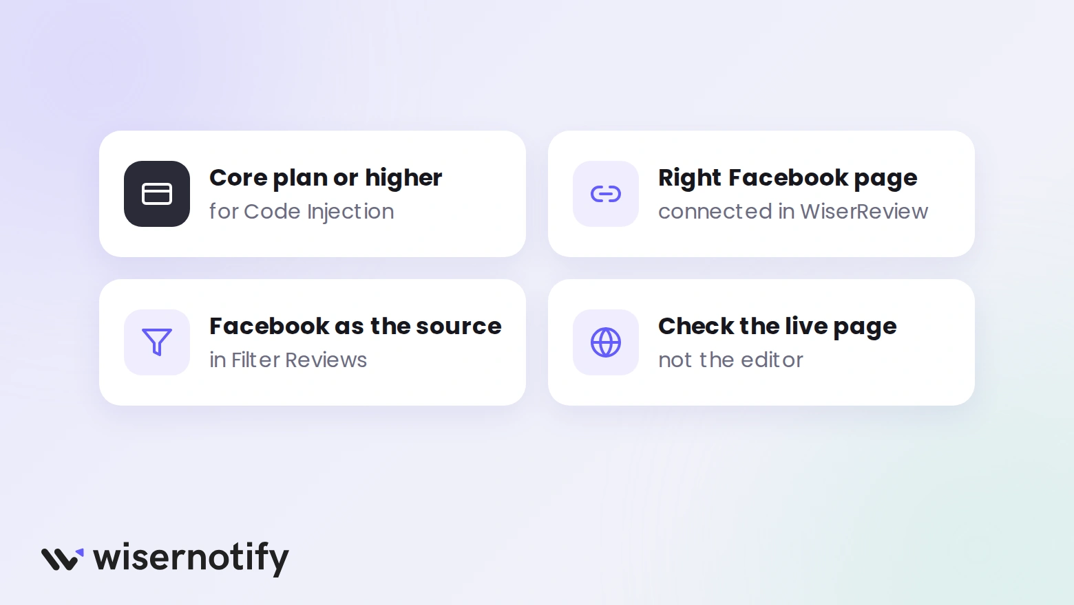 Squarespace Facebook reviews troubleshooting: Core plan or higher, right Facebook page, Facebook as source, check the live page