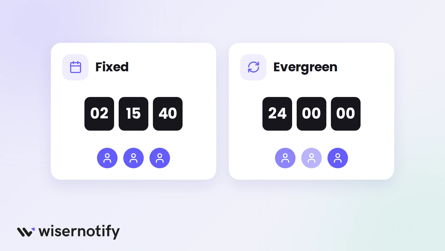 A fixed countdown timer with a set end date next to an evergreen timer that restarts at 24 hours for each visitor