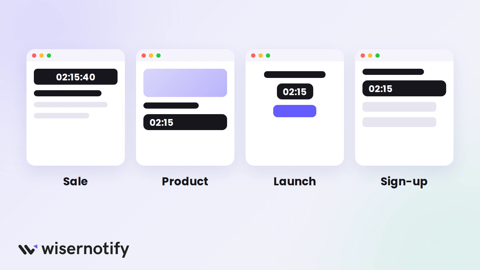 Four page layouts showing where a countdown timer fits: a sale banner, a product page, a launch page, and a sign-up page