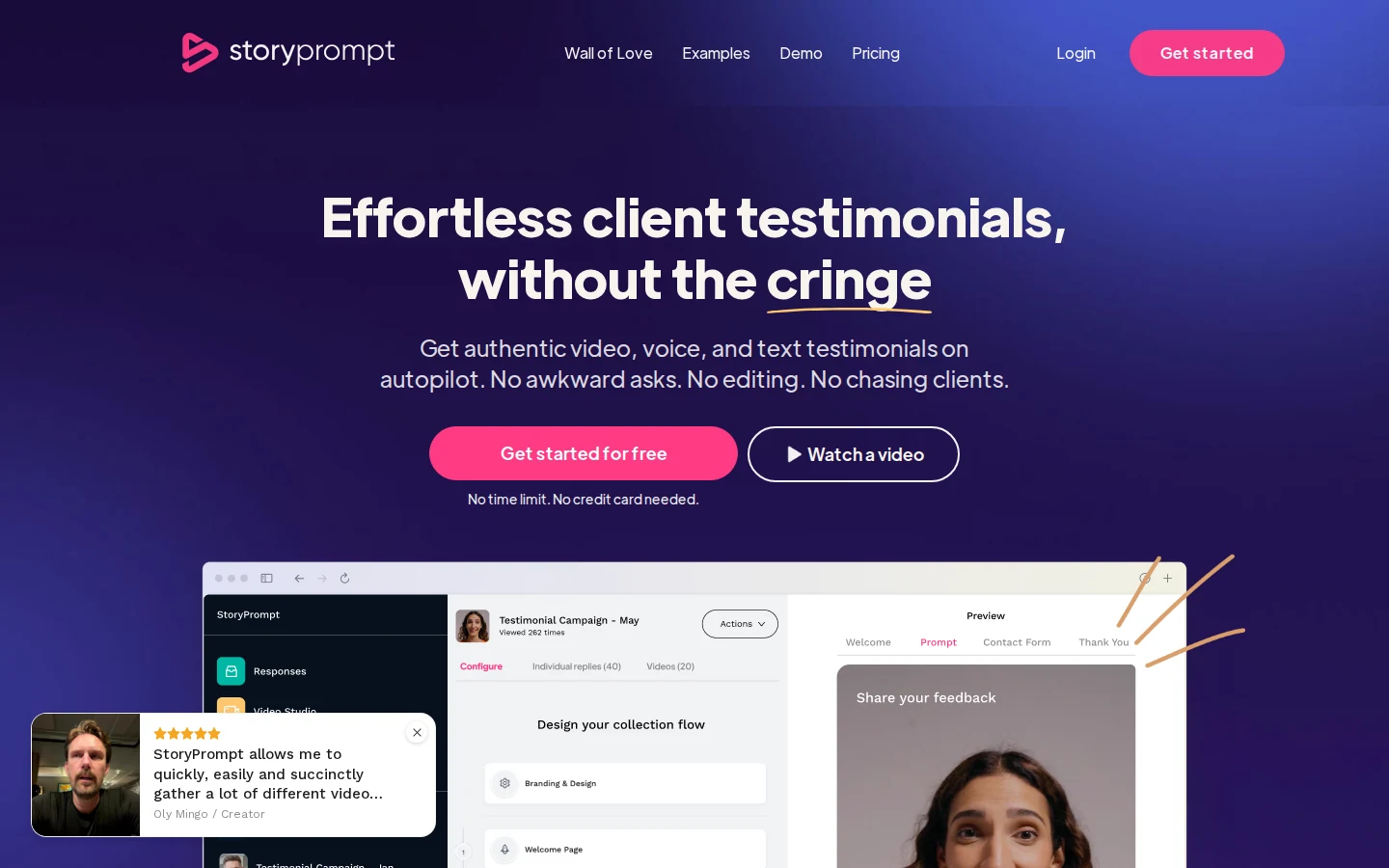 StoryPrompt homepage for client video testimonials without the cringe