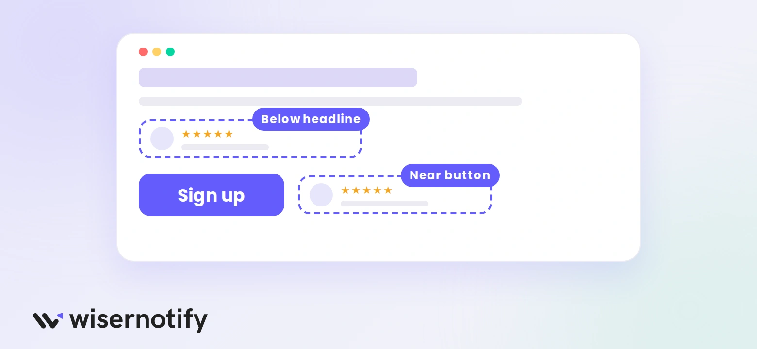 Landing page mockup with a review below the headline and a review beside the Sign up button