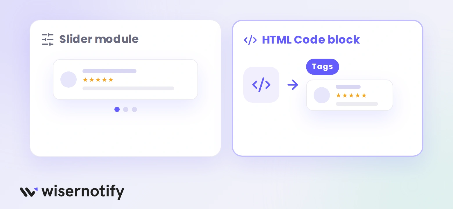 Swipe Pages Slider module compared with an HTML Code block that holds a WiserReview widget with tags