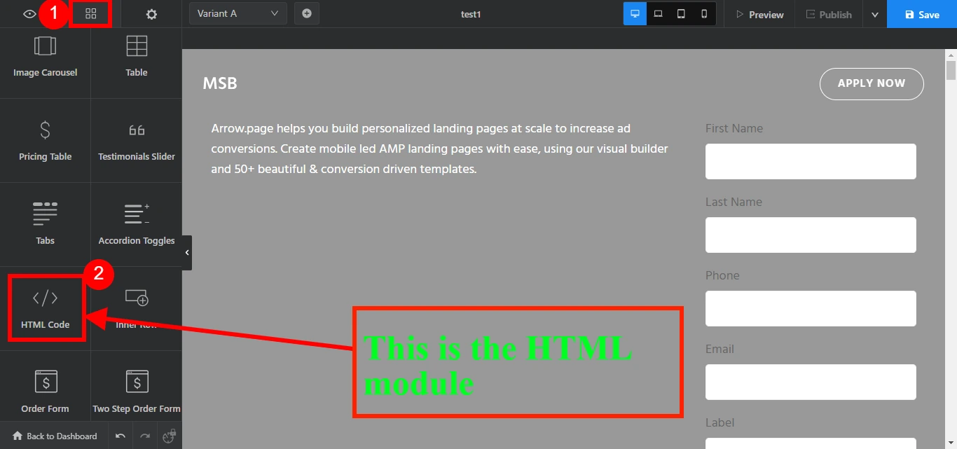 Swipe Pages editor with the elements panel open and the HTML Code module highlighted