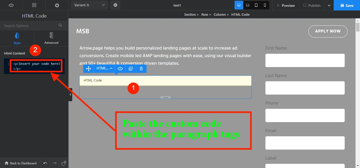 Swipe Pages HTML Code module settings with the code box highlighted for pasting custom code