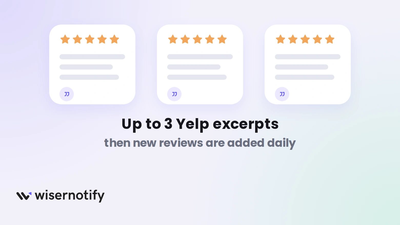 Three Yelp review cards with star ratings, showing that Yelp returns up to three excerpts and new reviews are added daily