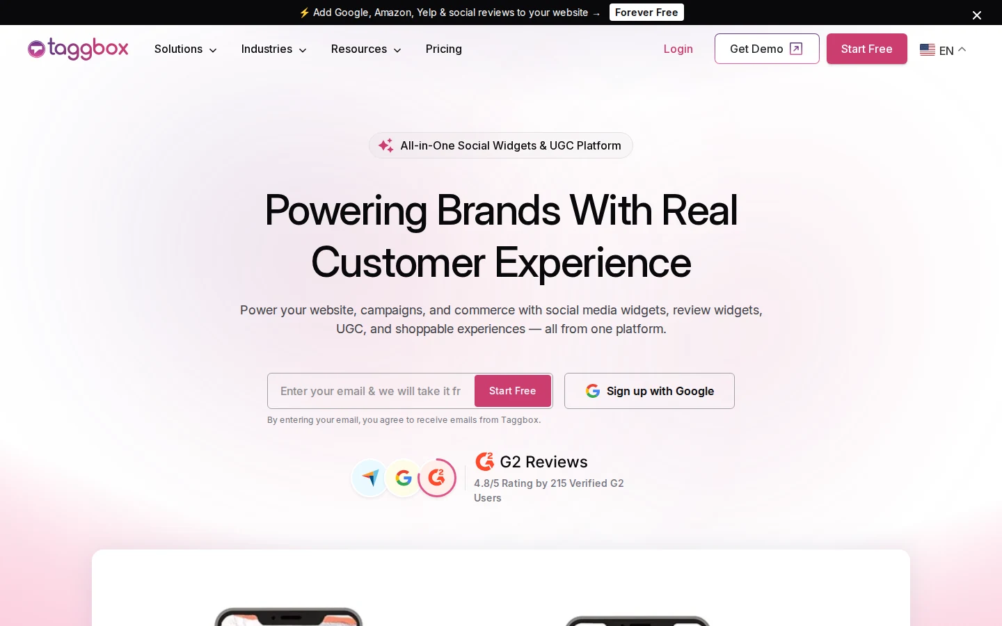 Taggbox homepage for social media feeds and review widgets in 2026