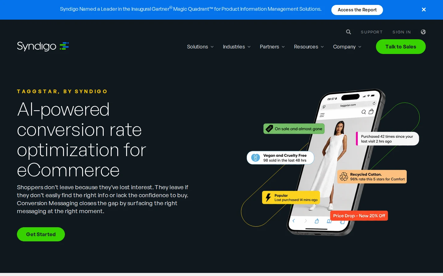 Taggstar by Syndigo page describing AI-powered conversion messaging for ecommerce