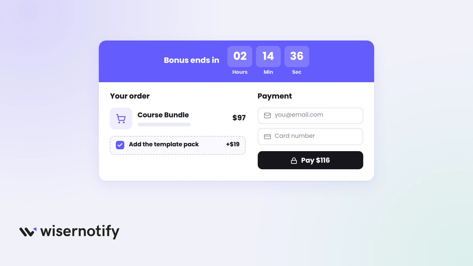A checkout page with a purple countdown bar reading Bonus ends in 02 hours, 14 minutes and 36 seconds above the order summary and the payment fields