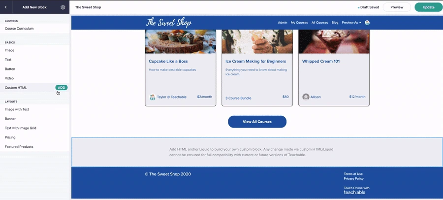 Teachable Add New Block panel with the ADD button next to Custom HTML under Basics