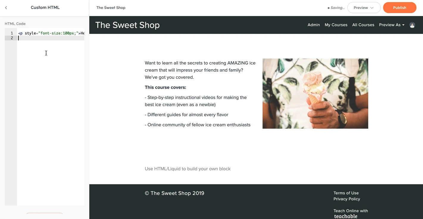Teachable page editor with a Custom HTML block open and its HTML Code box on the left