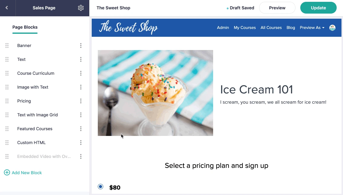 Teachable sales page editor with the Page Blocks list showing Banner, Text, Course Curriculum, Pricing and Custom HTML