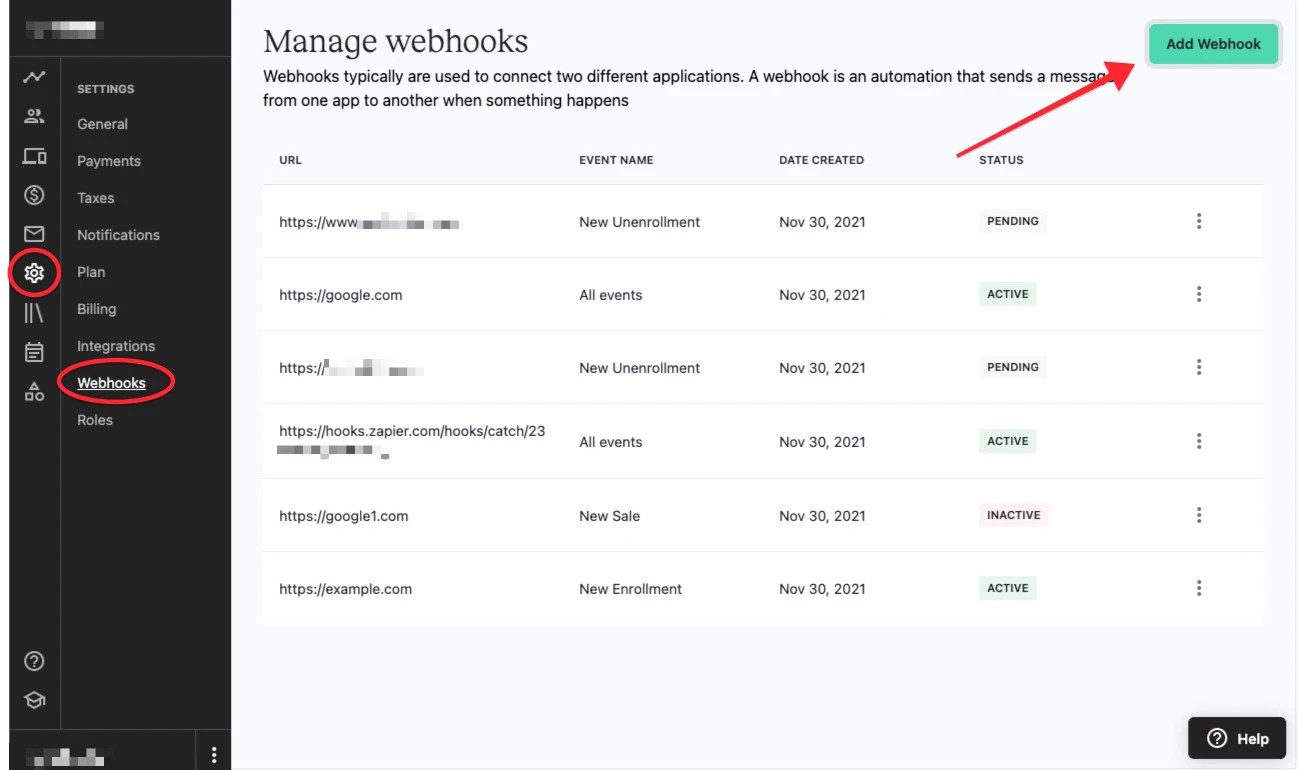 Teachable admin Settings > Webhooks page with the Webhooks menu circled and an arrow to the Add Webhook button