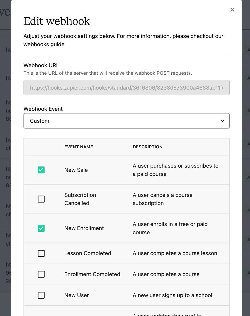 Teachable webhook window with Webhook Event set to Custom and the Enrollment Completed event in the event list