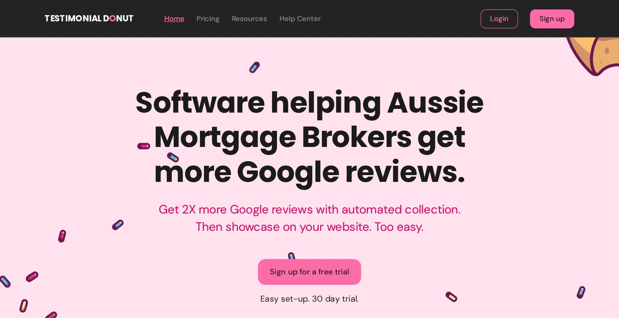 Testimonial Donut homepage with the headline Software helping Aussie Mortgage Brokers get more Google reviews and a Sign up for a free trial button