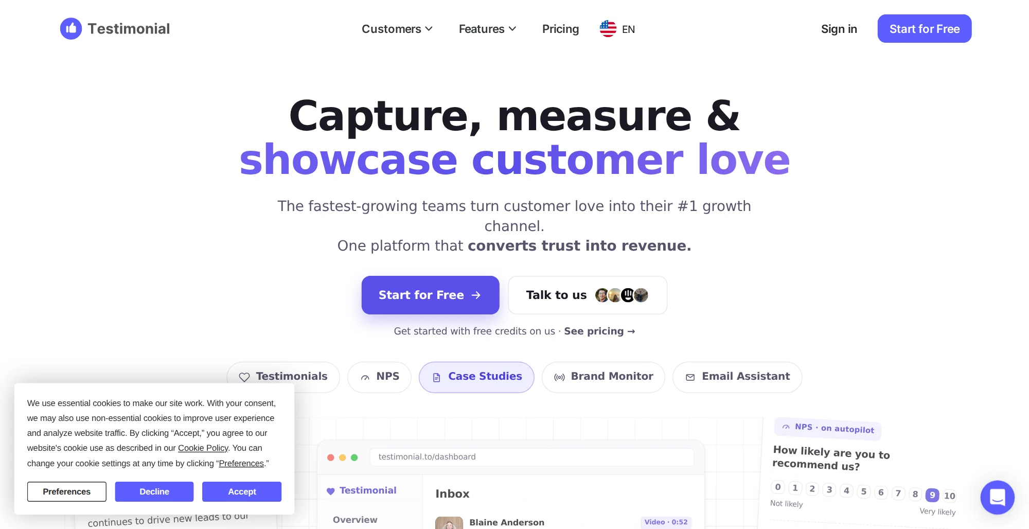 Testimonial.to homepage with the headline Capture, measure and showcase customer love and a Start for Free button
